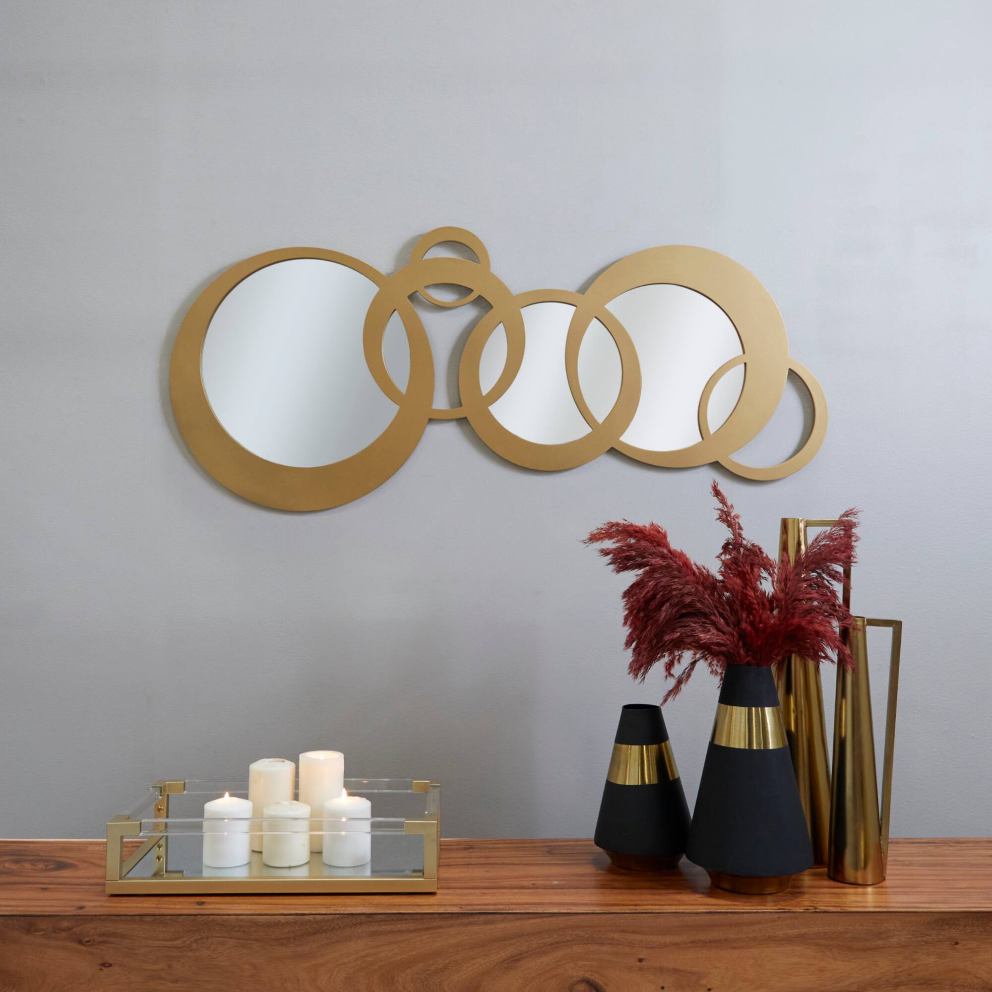 Gold Wood Circles Geometric Wall Mirror 56" x 1" x 23"